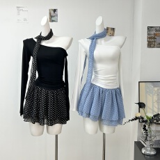 批发设计感收腰显瘦长袖<b class='q'>T</b><b class='q'>恤</b>+半身裙两件套套装配飘带