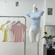 批发施薇靓 曲线解密Tee 早春上衣女天丝羊毛高弹圆领短袖T恤/V领背心