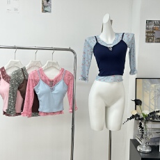 批发Tongiiuu 甜薇少女 <b class='q'>碎花</b>网纱短袖T恤女修身显瘦吊带背心套装夏季