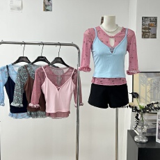 批发Tongiiuu 甜薇少女 碎花网纱短袖<b class='q'>T</b><b class='q'>恤</b>女修身显瘦吊带背心套装夏季