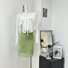 批发Ashy Snow森林雨露 绿色植绒波点扎染网纱半身<b class='q'>裙</b>中<b class='q'>裙</b>撞色蕾丝花边