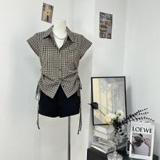 宋正恩咖色格子polo领短袖衬衫女夏季韩系修身显瘦收腰衬衣小上衣