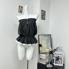 批发HYTEMOLY经典细条纹多层蓬蓬花苞裙撞色拼接下摆牛筋抹胸<b class='q'>上衣</b>女