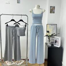 批发Laareetoo  条纹吊带背心女夏季短款打底上衣显瘦直筒休闲<b class='q'>裤</b>套<b class='q'>装</b>