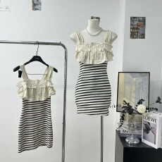 批发古早少女心事 软妹风氛围感条纹假两件 韩系连衣裙shebyshj越南