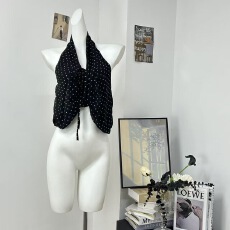 批发板栗可可Bankelili'港岛辣妹'热辣豹纹<b class='q'>印花</b>V领挂脖背心上衣女春夏