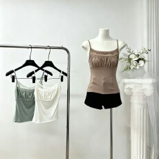 批发JMSHOP 杳霭流玉 纯欲<b class='q'>蕾丝</b>花边吊带女夏季碎褶设计收腰显瘦上衣