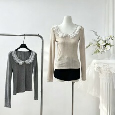 批发Lukira 焦糖暖茶 蕾丝边<b class='q'>娃娃领</b>修身提花针织长袖<b class='q'>T</b><b class='q'>恤</b>女秋季上衣