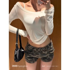 批发SUNONEONE <b class='q'>迷彩</b>牛仔短<b class='q'>裤</b>女春季低腰直筒修身辣妹休闲<b class='q'>裤</b>子