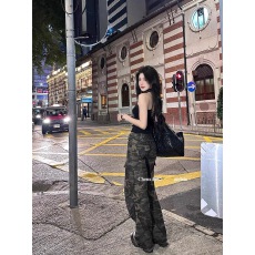 批发何晨曦 复古<b class='q'>迷彩</b>口袋装饰阔腿工装<b class='q'>裤</b>女美式辣妹高腰显瘦休闲长<b class='q'>裤</b>