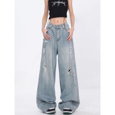 批发KEN STUDIO夏季新款美式复古直筒破洞水洗牛仔裤女宽松显瘦阔腿裤