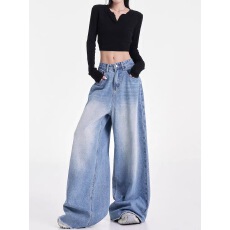 批发KEN STUDIO新款美式高街水洗阔腿牛仔裤高腰慵懒风直筒牛仔裤