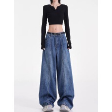 批发KEN STUDIO新款美式复古水洗直筒牛仔裤慵懒风宽松显瘦阔腿裤