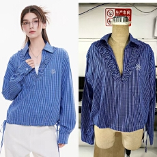 批发ikyou设计感小众v领格子<b class='q'>衬衫</b>女长袖春夏新款收腰显瘦百搭休闲<b class='q'>衬衣</b>