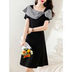 批发新款气质赫本风格子撞色减龄黑裙遮肉<b class='q'>显瘦</b>裙子