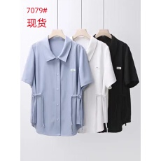 批发大码法式气质收腰短袖衬衫女夏季胖mm显瘦设计感时尚修身正肩上衣
