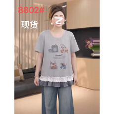 批发大码微胖<b class='q'>女装</b>甜美<b class='q'>可爱</b>少女感圆领拼接格子T恤夏季设计感显瘦短袖