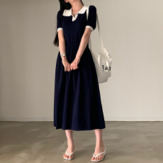 批发实拍大码 夏季气质polo领撞色收腰显瘦胖MM短袖针织连衣裙女