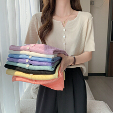 批发实拍大码 夏季百搭V领短袖冰丝针织<b class='q'>开衫</b>显瘦胖MM上衣<b class='q'>女</b> 9色