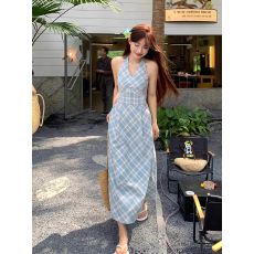 批发纯欲蕾丝花边系带挂脖V领<b class='q'>连衣裙</b>女浅蓝色<b class='q'>格</b>纹修身长裙子