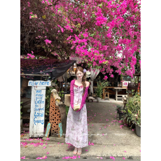 批发】紫罗兰花蔓 法式蕾丝方领碎花雪纺裙