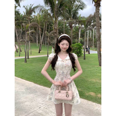 批发Q女家 3/23 罗曼花序/乖巧千金感娃娃领短袖A摆<b class='q'>全棉</b>碎花连衣裙