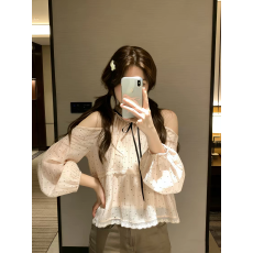 批发甜美可爱粉色露肩波点<b class='q'>长袖</b>衬衫女夏季气质百搭减龄显瘦上衣