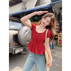 批发曾小咸 韩系绑带红色短款泡泡袖短袖衬衫女夏收腰设计感衬衣上衣
