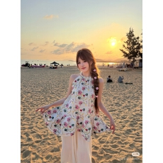 批发 杏色圆领露肩刺绣碎花吊带背心女2026春季百搭挂脖上衣