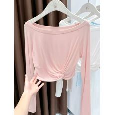 批发一字领莱赛尔粉色长袖t恤女款2026新款性感<b class='q'>小衫</b>扭结设计感上衣夏