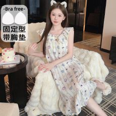 批发睡美福睡衣女云朵棉自带固定胸垫夏季甜美无袖睡裙家居服可外出