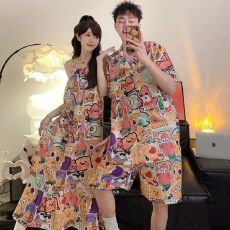 批发带胸垫 情侣睡衣<b class='q'>女</b>男夏季睡裙宽松短袖家居服可外穿套装