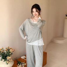 批发月光美人法式优雅锁骨杀斜肩长袖莫代尔<b class='q'>睡衣</b>女温柔蕾丝套装