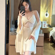批发睡裙女春秋款冰雪丝2025年新款<b class='q'>睡衣</b><b class='q'>性感</b>蕾丝纯欲风吊带胸垫两件套