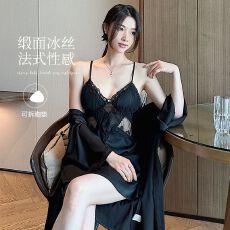 批发睡裙女春秋款冰雪丝2025年新款<b class='q'>睡衣</b><b class='q'>性感</b>蕾丝纯欲风吊带胸垫两件套