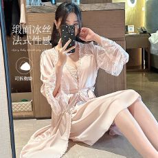 批发睡裙女春秋款冰雪丝2025年新款<b class='q'>睡衣</b><b class='q'>性感</b>蕾丝纯欲风吊带胸垫两件套