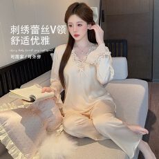 批发V领冰丝<b class='q'>睡衣</b>女秋季绣花长袖两件套装薄款<b class='q'>丝绸</b>显瘦洋气妈妈家居服