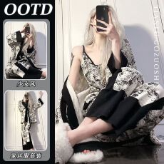 批发水墨风印花<b class='q'>睡衣</b>女网红夏款开衫高级感吊带长裤三件套装