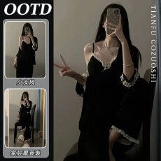 批发三件套<b class='q'>睡衣</b>女春秋<b class='q'>夏季</b>薄款黑色花边高级吊带长裤家居服