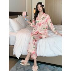 批发高级感冰雪丝长袖<b class='q'>睡衣</b>女时尚可外穿家居服套装