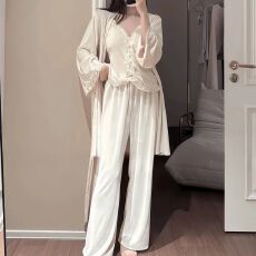 批发秋冬款睡衣女金丝绒吊带外袍长裤三件套性感纯色带胸垫家居服