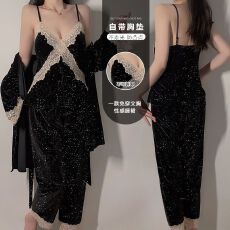 批发性感<b class='q'>睡衣</b>女金丝绒吊带长裤外袍<b class='q'>三件套</b>满天星蕾丝带胸垫家居服