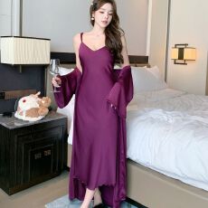 批发性感睡衣女冰丝吊带睡裙睡袍两件套中长款高级感带胸垫家居服