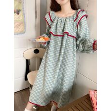 批发长袖红边黄兰格睡裙女网红ins风<b class='q'>春</b>秋季新款宽松韩家居服