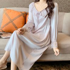 批发<b class='q'>春</b>秋季睡裙宫廷风蕾丝花边长袖纯色轻奢睡衣女<b class='q'>春</b>秋季超长冰雪丝绸