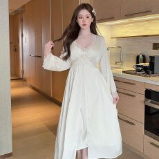 批发高定2025春<b class='q'>夏季</b>带胸垫<b class='q'>性感</b>吊带睡裙两件套冰丝<b class='q'>睡衣</b>薄款长袖长袍