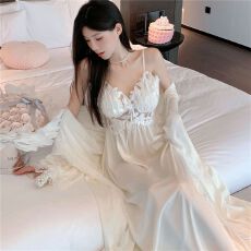 批发超长款春<b class='q'>夏季</b>女士吊带胸垫睡裙<b class='q'>性感</b>纯色<b class='q'>睡衣</b>两件套薄款冰丝V领