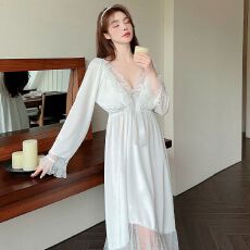 批发白色睡裙秋冬季女金丝绒性感奢华长袖家居服