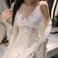 批发超长款春<b class='q'>夏季</b>女士吊带胸垫睡裙<b class='q'>性感</b>纯色<b class='q'>睡衣</b>两件套薄款冰丝V领