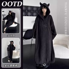 批发冬天连帽珊瑚绒睡衣女冬季加绒加厚睡袍家服睡裙